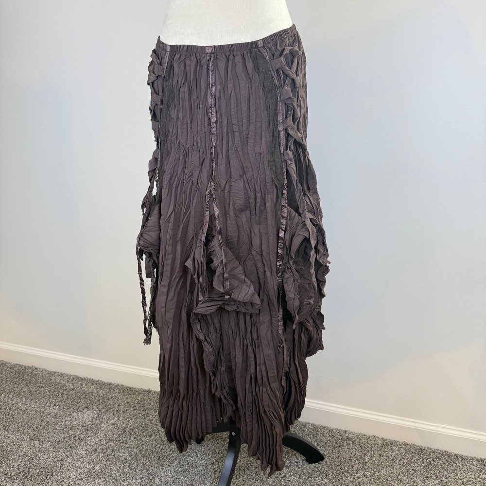 NWT Surrealist Brown Fairy Crinkle Ruffle Maxi Skirt Lace Up Ribbon Boho Whimsy - Picture 5 of 11